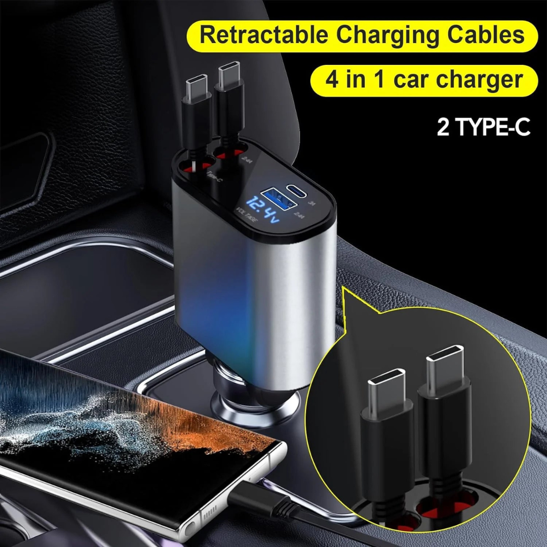 4-in-1 Retractable Fast Car Charger – 66W Smart Charging Solution