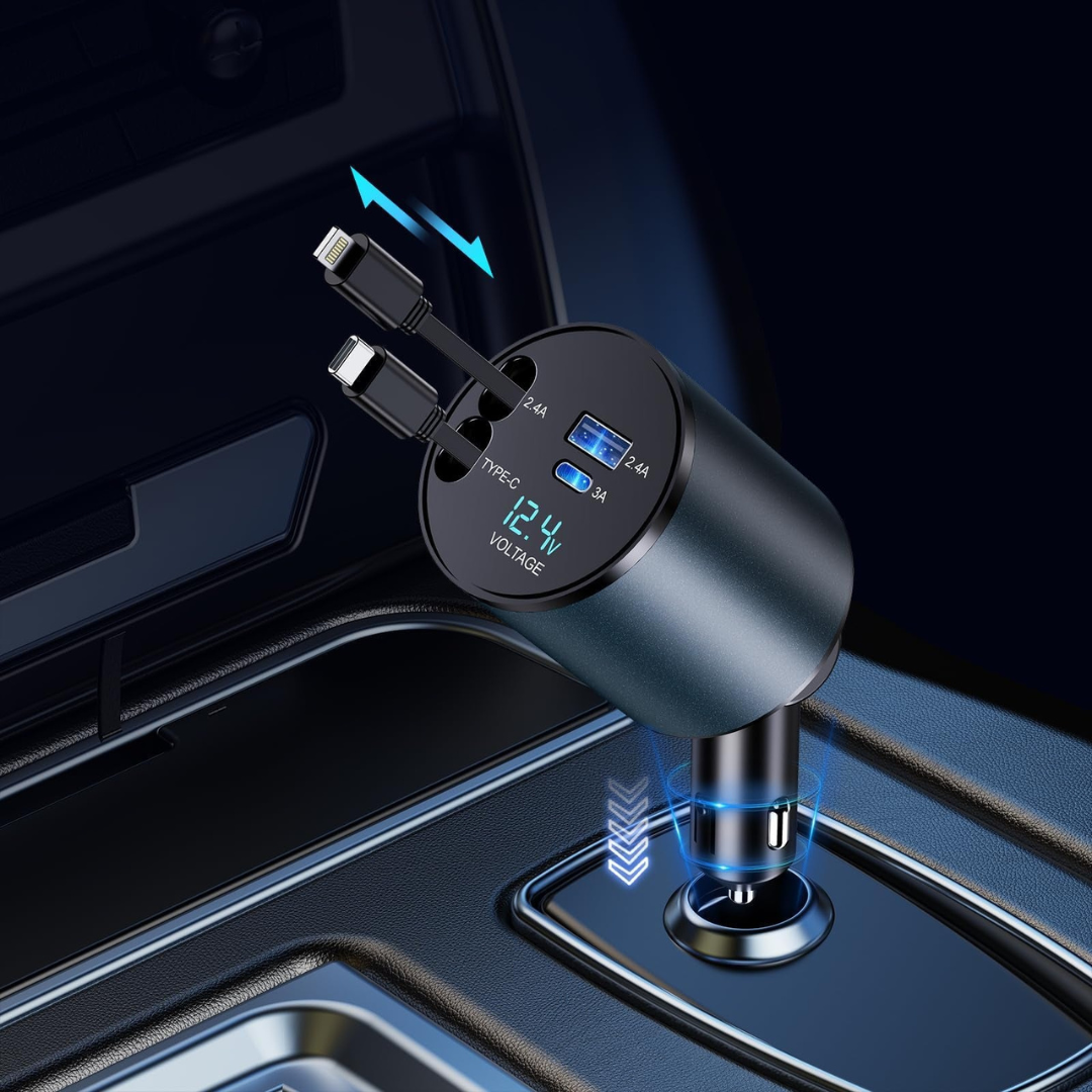 4-in-1 Retractable Fast Car Charger – 66W Smart Charging Solution