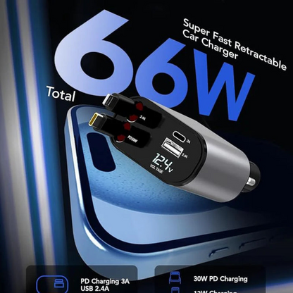 4-in-1 Retractable Fast Car Charger – 66W Smart Charging Solution