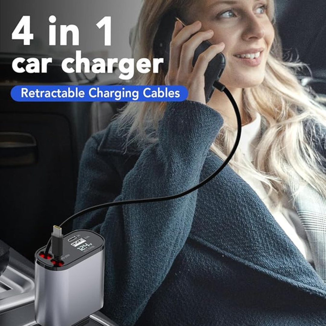 4-in-1 Retractable Fast Car Charger – 66W Smart Charging Solution